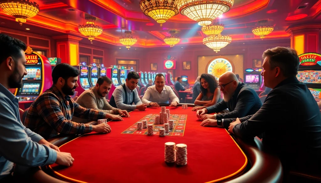 An engaging casino scene with players at the poker table immersing in action, highlighting the vibrant atmosphere of 8XBET gaming.