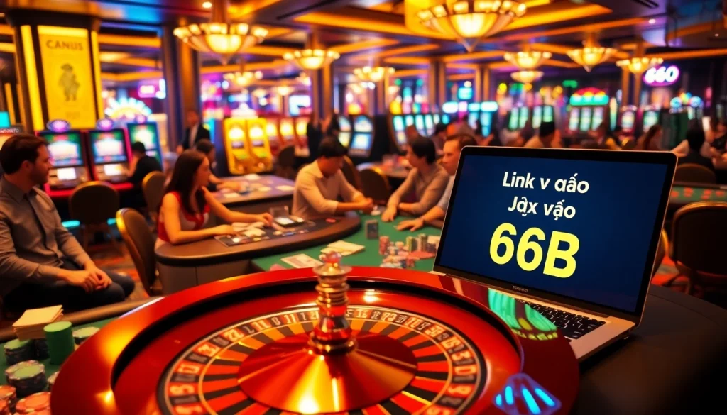 Exciting casino scene featuring players engaged in betting with "Link Vào 66B" on a glowing laptop amidst vibrant gaming tables.