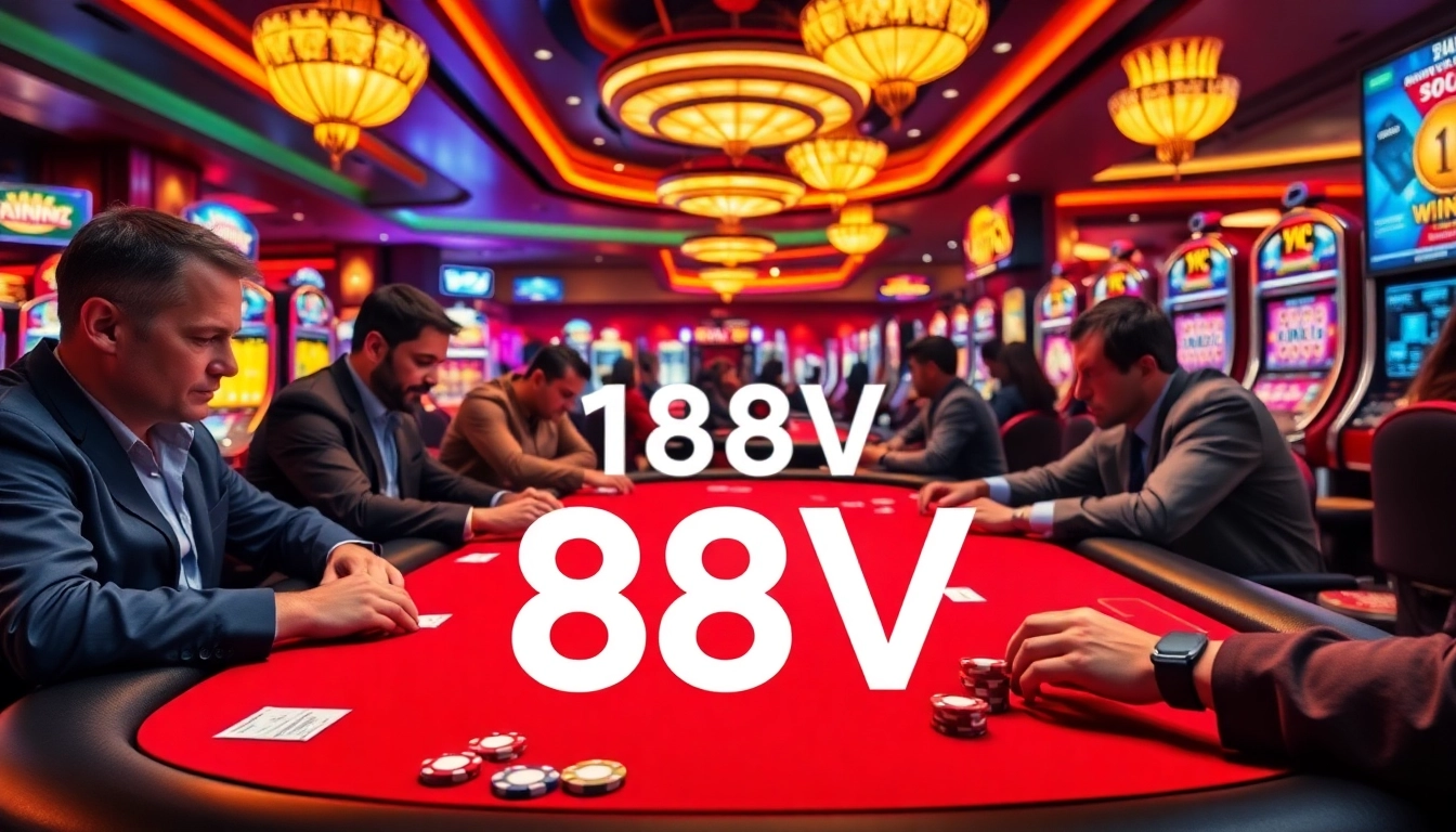 Players intensely strategizing at a poker table in the vibrant 188V casino atmosphere, showcasing the adrenaline of gambling.