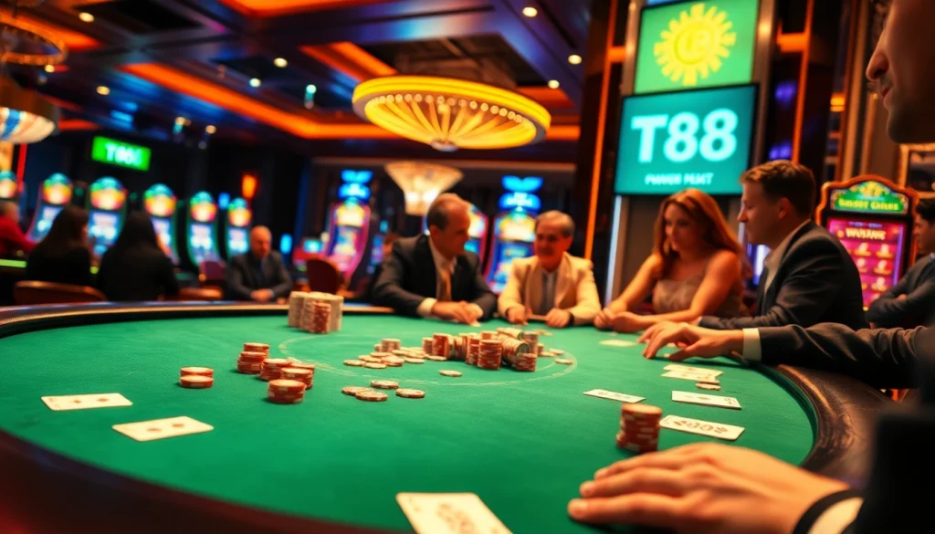 TV88 featuring a high-stakes poker table in a luxurious casino environment, with players and vibrant slot machines in the background.