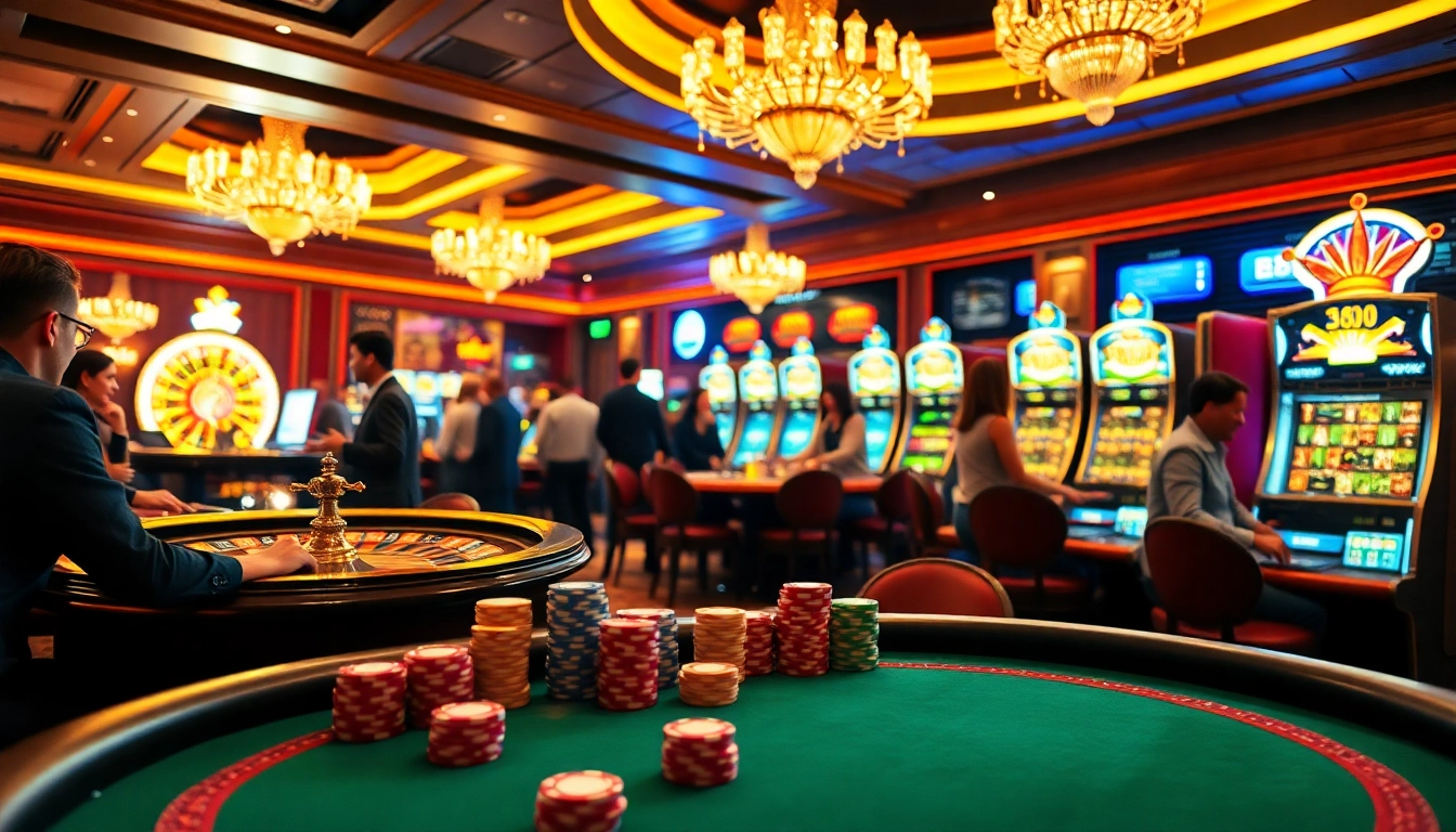 Experience the thrill of RR88 at a bustling casino with poker games and roulette.