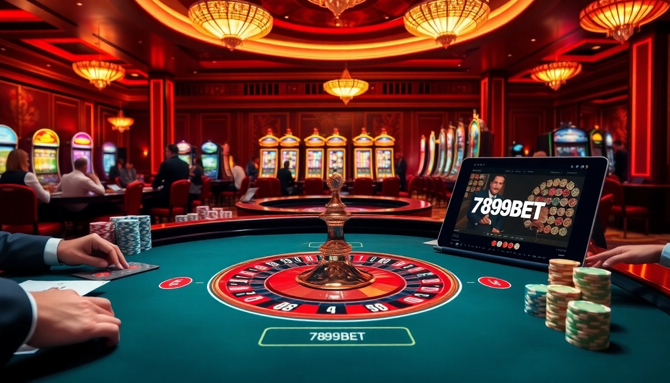 Players engaging at a roulette table in a lavish casino setting with the 789BET online interface visible on a device.