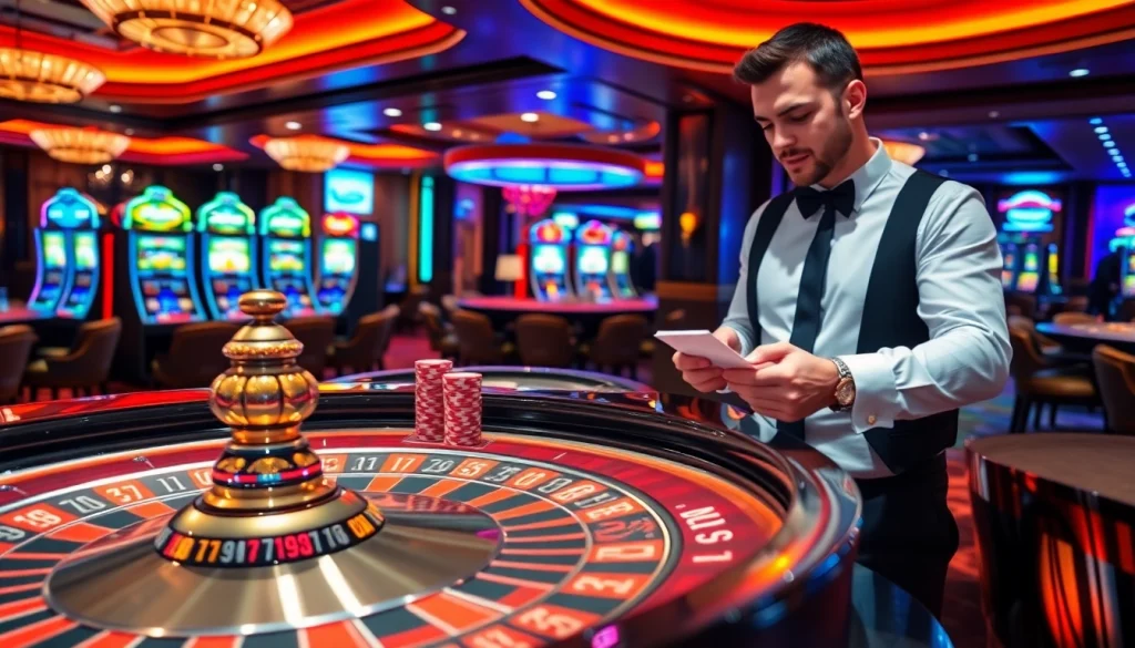 Nohu player placing bets at a luxurious casino roulette table amidst vibrant colors.