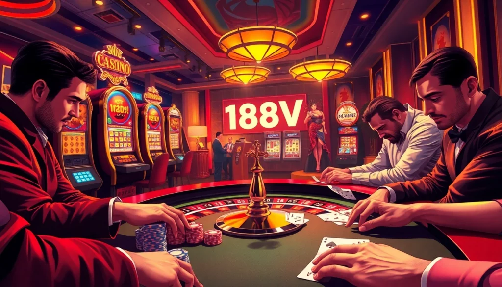 Experience the thrill of gambling at 188V Casino with intense poker games, roulette, and vibrant slot machines.