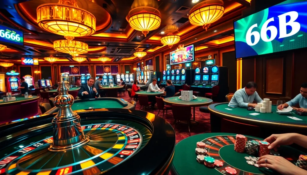 66B-themed casino excitement, buzzing with roulette games and vibrant slot machines.