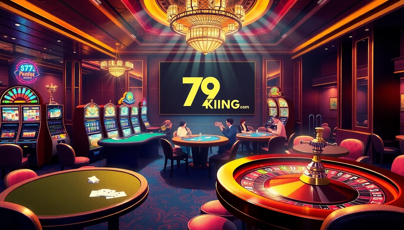 Experience thrilling gaming at 79king.com, featuring bustling casino tables and engaging players in action.