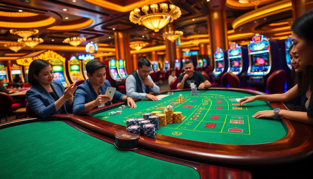 Players savor thrilling moments at Nhà cái TV88 casino, engaged in card games and slot machines.