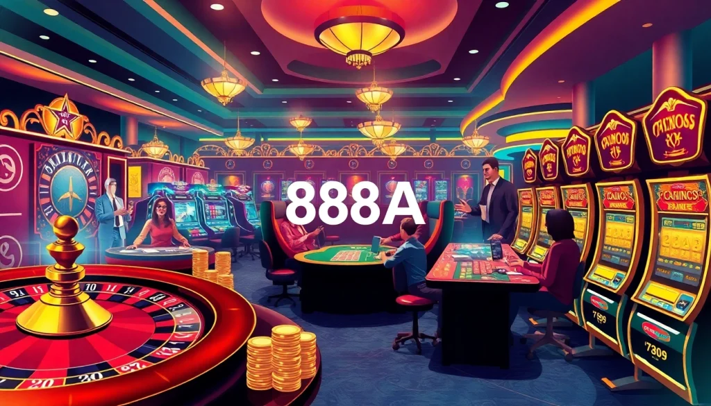 88AA Casino atmosphere featuring roulette, blackjack, and slot machines.