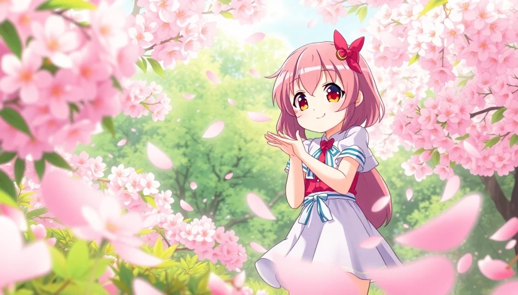 Anime sex depiction featuring a playful character in a cherry blossom garden.